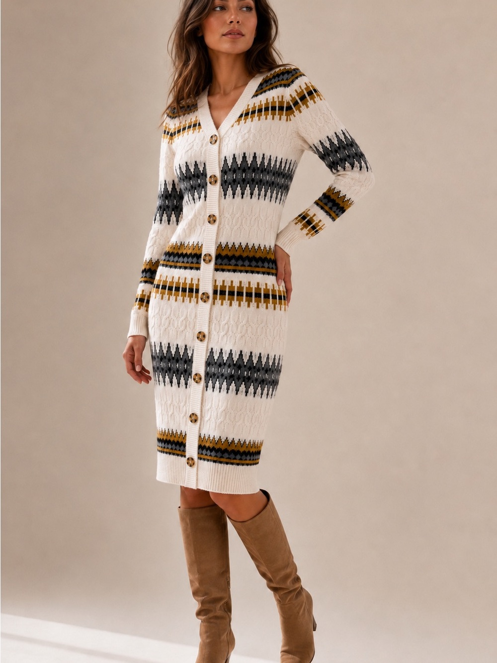 Lucky Brand Fair Isle Cable Knit Button Front Sweater Dress Cardigan M